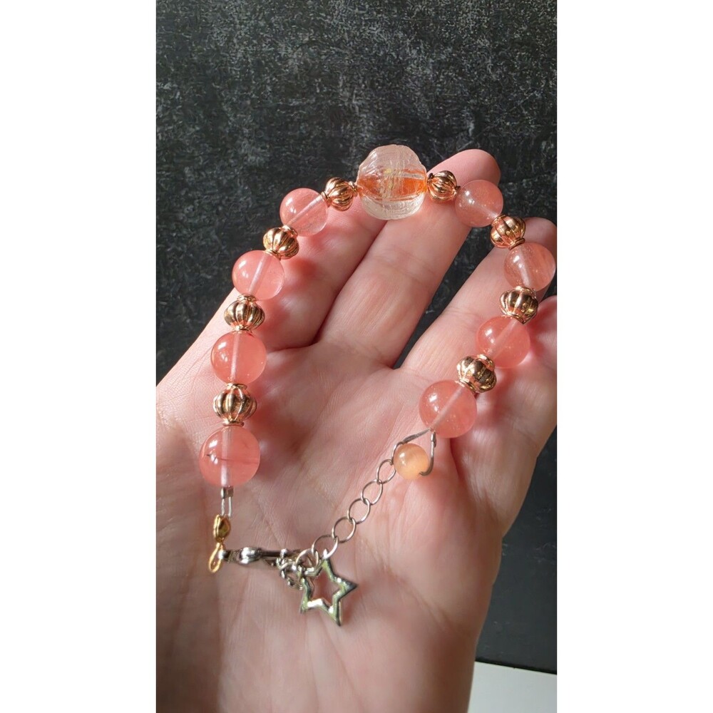 Pink & Rose Gold Beaded Silver Tone Metal Adjustable Bracelet Costume Jewelry